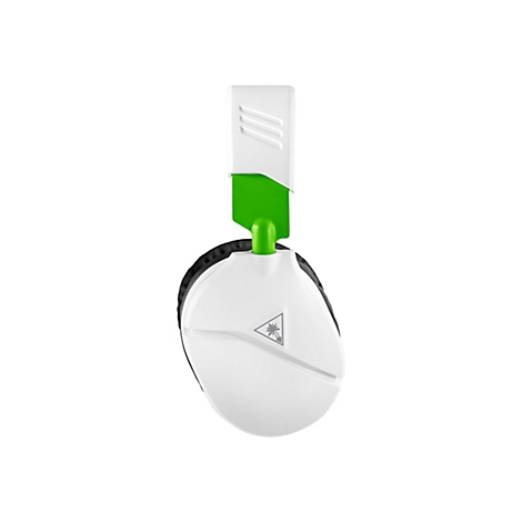 Weißes Gaming-Headset mit grünen Akzenten, das auf einem weißen Hintergrund steht. Das Headset zeigt das Logo mit einer Palme.