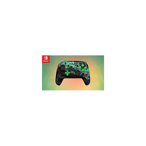 Une manette Nintendo Switch Pro noire avec des accents verts et un motif jungle, sur un fond dégradé.