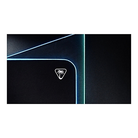 Nahaufnahme eines schwarzen Mauspads mit blauem Licht an den Rändern, das einen weißen Palmen-Logo-Ausschnitt aufweist.