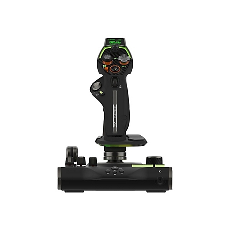 Manche à balai noir avec des accents verts. Boutons, écran et texte "FLIGHTDECK" sont visibles.