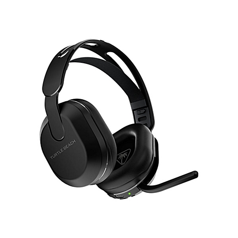 Casque de jeu Turtle Beach noir. Il a un microphone et se trouve sur fond blanc.