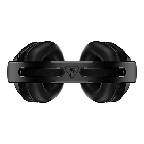 Casque noir, vue détaillée. Le bandeau affiche un logo et des détails.