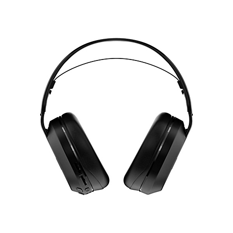 Casque noir, photographié de face. Deux oreillettes reliées par un serre-tête, sur fond blanc.