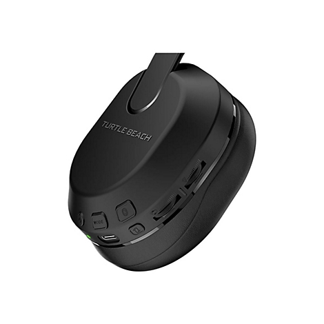 Schwarzer Turtle Beach Kopfhörer. Regler und Knöpfe sind sichtbar, "Turtle Beach" Schriftzug.
