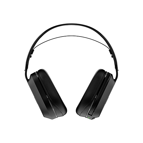 Schwarzer Kopfhörer, frontal und leicht von oben fotografiert, auf weißem Hintergrund.