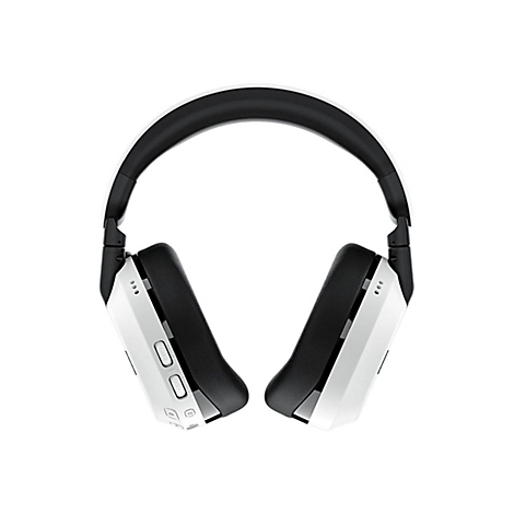 Draufsicht auf Kopfhörer in Weiß und Schwarz. Das Kopfband ist schwarz gepolstert, die Ohrmuscheln sind weiß mit Bedienelementen.