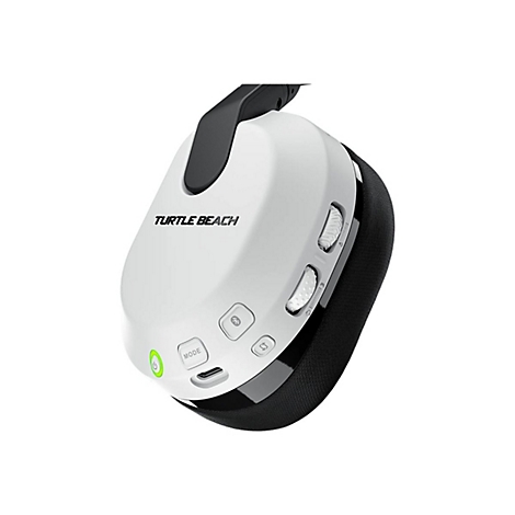 Weißes Gaming-Headset der Marke Turtle Beach. Es hat schwarze Ohrmuscheln und Bedienelemente.