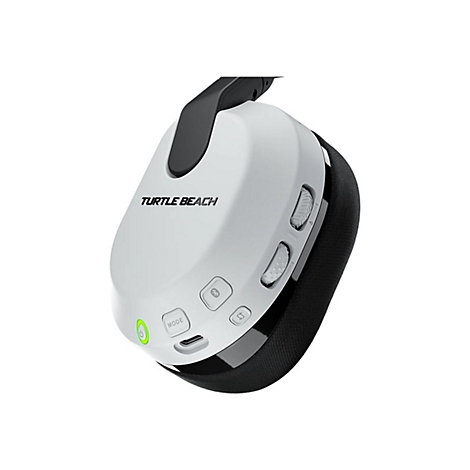 Nahaufnahme eines weißen Turtle Beach Headsets, mit schwarzen Ohrmuscheln und Bedientasten.
