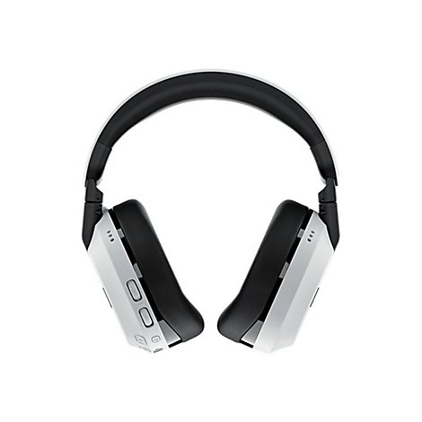 Draufsicht auf Kopfhörer in Weiß und Schwarz. Auf schwarzem Bügel, weiße Ohrmuscheln mit Bedienelementen.