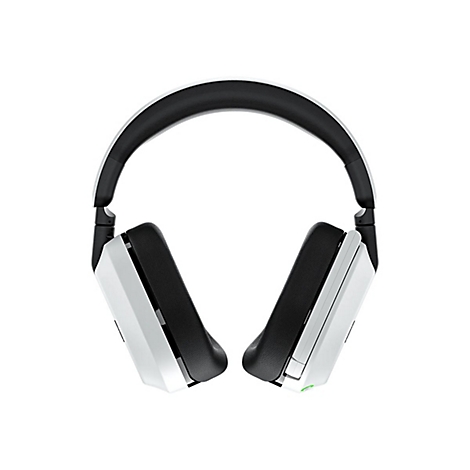 Draufsicht auf einen weißen Kopfhörer mit schwarzen Ohrmuscheln und einem gepolsterten Kopfband, auf weißem Hintergrund.