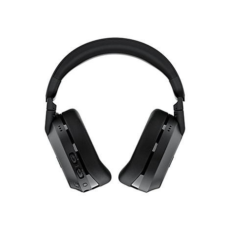 Schwarzer Over-Ear-Kopfhörer, der auf weißem Hintergrund schwebt. Der Kopfbügel ist gewölbt, die Ohrmuscheln eckig.