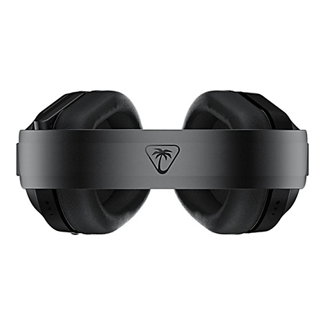 Schwarzes Gaming-Headset, Ansicht von oben. Gepolsterte Ohrmuscheln, graues Kopfband mit Logo.