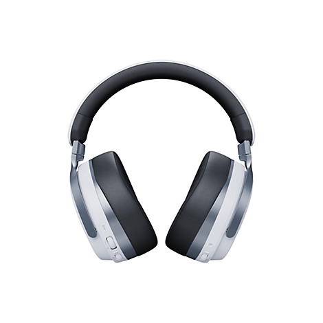 Hellgraue Kopfhörer mit weißem und schwarzem Design vor weißem Hintergrund. Der Bügel ist gepolstert, die Ohrmuscheln eckig. An der Seite sind Bedienelemente angebracht.