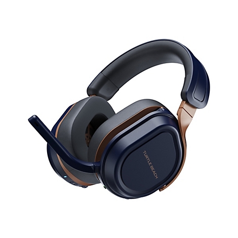 Draufsicht auf ein blau-goldenes Gaming-Headset mit Mikrofon.