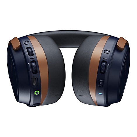 Draufsicht auf Kopfhörer in Blau und Gold. Auf den Ohrmuscheln befinden sich Tasten und Regler.