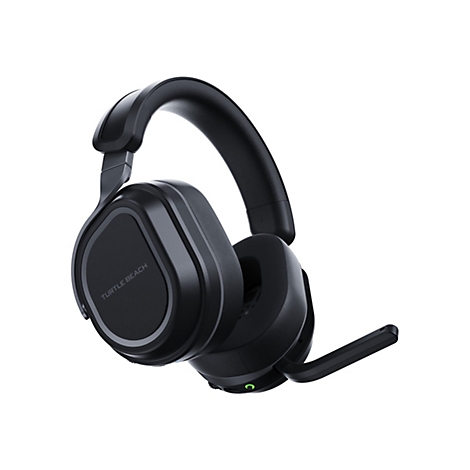Schwarzes Gaming-Headset auf weißem Hintergrund, mit Mikrofon und Markenlogo.