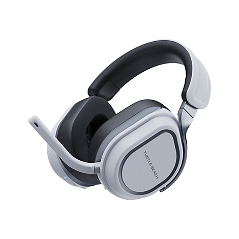 Hellgraues Headset mit schwarzem Polster und Mikrofon, Schriftzug Turtle Beach.
