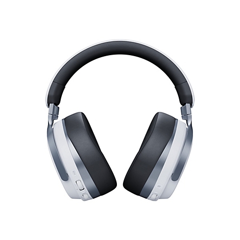 Hellgrauer Kopfhörer mit weißem Rahmen und schwarzen Ohrmuscheln, die auf weißem Hintergrund dargestellt werden. Details wie Knöpfe und silberne Akzente sind sichtbar.