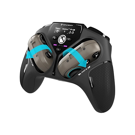 Schwarzer Xbox-Controller mit drehbaren Paddles und blauen Pfeilen, die die Rotationsrichtung anzeigen. Text: Turtle Beach, Xbox, Stealth Pivot.