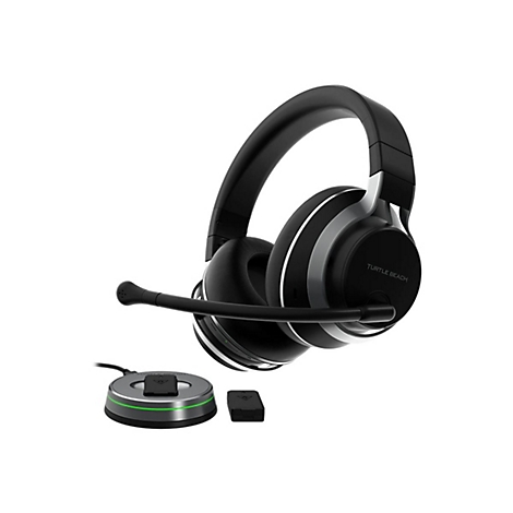 Schwarzes Headset mit Mikrofon, daneben eine Ladestation und ein EmpfÃ¤nger, alles vor weiÃŸem Hintergrund.