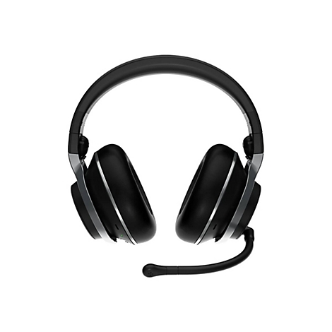 Schwarzes Headset mit silbernen Akzenten, Ohrmuscheln, und Mikrofon vor weiÃŸem Hintergrund.