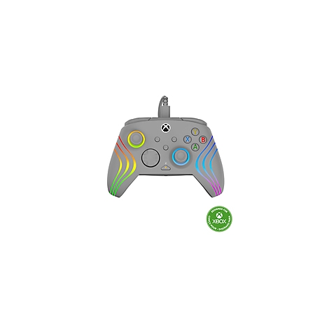 Grauer Xbox-Controller mit farbigen LED-Streifen und Tasten.