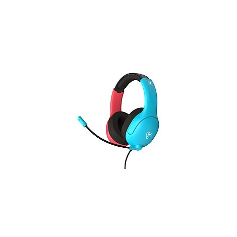 Blau-rotes Gaming-Headset für Nintendo Switch, Mikrofon, schwarze Ohrmuscheln.