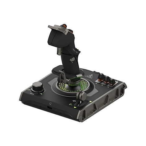 Schwarzer Joystick-Controller mit silbernen Akzenten. Knöpfe, Schalter und ein Drehregler sind auf dem Sockel platziert.