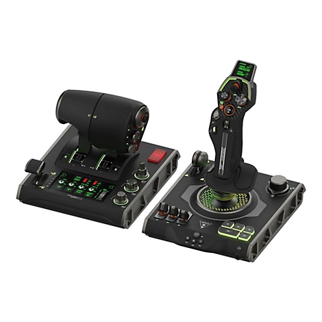 Ensemble de poste de pilotage noir avec joystick et manette des gaz. Différents boutons, affichages et étiquettes en vert et orange.