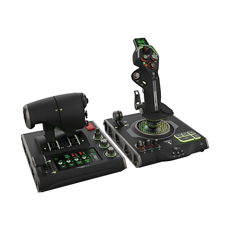 Système de contrôle de vol noir avec éléments de commande et joystick.