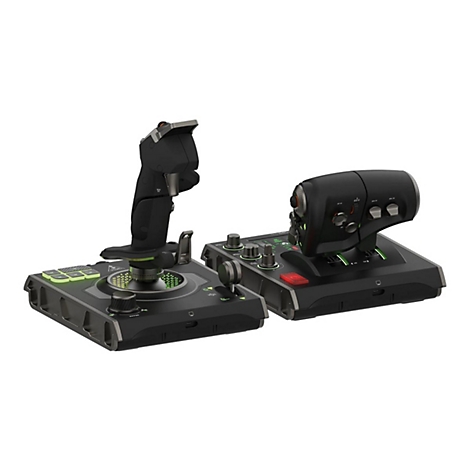 Ensemble de contrôle de jeu noir avec joystick et manette des gaz. Éléments éclairés en vert et accents argentés.