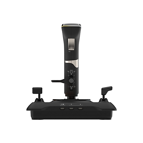 Schwarzer Joystick mit silbernen und goldenen Akzenten. Er hat Knöpfe, Hebel und eine Basis mit weiteren Bedienelementen.