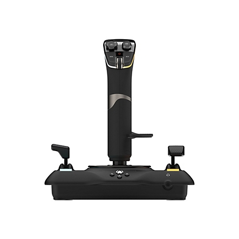 Schwarzer Flightstick mit Pedalen. Der Stick hat Knöpfe und einen Gashebel. Die Basis hat Knöpfe und Anschlüsse.