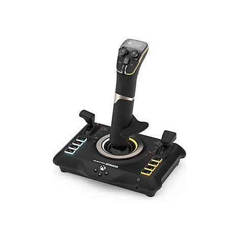 Ein schwarzer Flightstick für ein Xbox-Spiel. Er hat einen hohen Stiel, verschiedene Knöpfe und einen Gashebel. Das Produkt steht vor weißem Hintergrund.