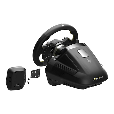 Schwarzes Lenkrad mit gelben Nähten und Perforationen. Das VelocityOne Race Wheel ist auf weißem Grund abgebildet. Eine separate Konsole und Halterung sind ebenfalls zu sehen.