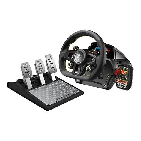 Ein Lenkrad- und Pedalsystem für Gaming, in Schwarz und Grau. Pedale mit Muster, Lenkrad mit gelben Akzenten, Bildschirm mit Anzeige.