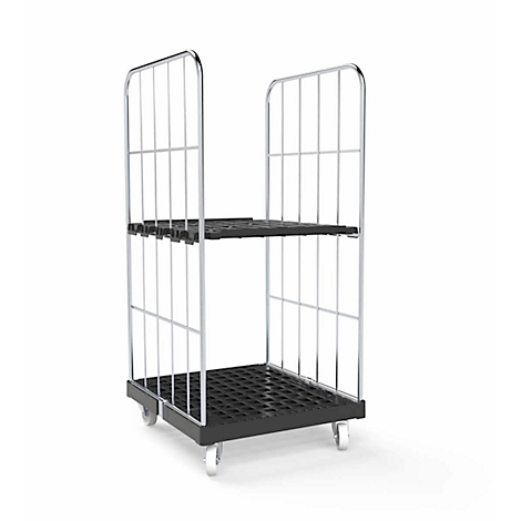 Rolcontainer met twee planken en wielen. Metalen frame, zwarte bodems.