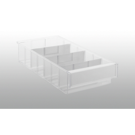 Transparante plastic doos met drie compartimenten. Het staat op een lichtgrijze achtergrond.