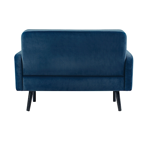 Achteraanzicht van een blauwe fluwelen bank met zwarte houten poten. Rechthoekige vorm met afgeronde hoeken.