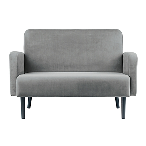 Grijs, fluwelen sofa met zwarte poten.