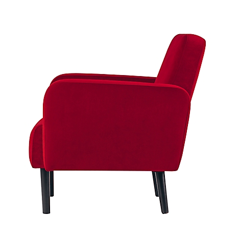Rode fauteuil, zijaanzicht, zwarte poten. Op een witte achtergrond.