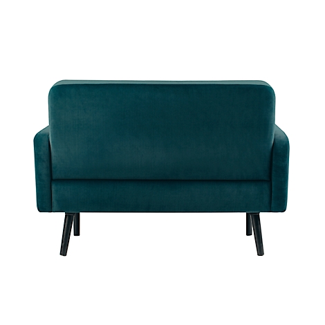 Teal fluwelen bank, achteraanzicht, met zwarte poten, tegen een witte achtergrond.