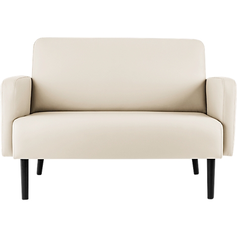 Crèmekleurige fauteuil met zwarte poten. Rechtopstaand, eenvoudig design.