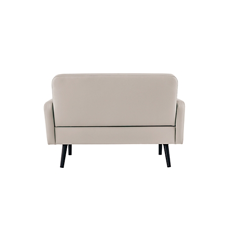 Beige sofa, achteraanzicht. Zwarte houten poten. Gevoerde armleuningen.