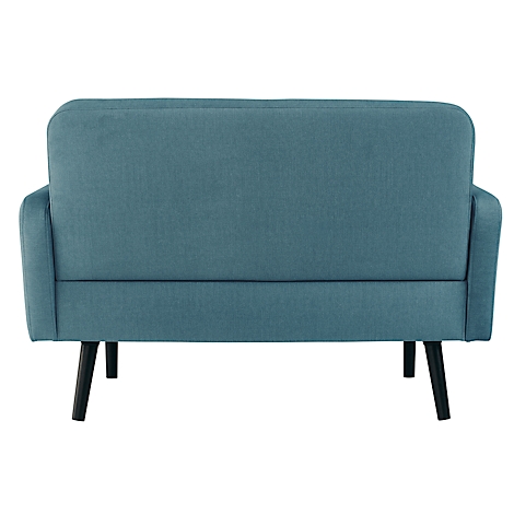 Turquoise sofa met zwarte poten, achteraanzicht.