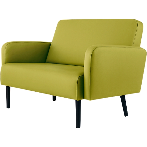 Een groene tweezitsbank met zwarte poten. De fauteuil heeft een modern en eenvoudig design.