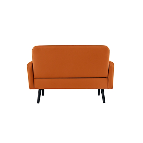 Achteraanzicht van een oranje bank met zwarte poten.