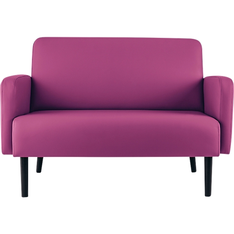 Een roze tweezitsbank met zwarte poten.