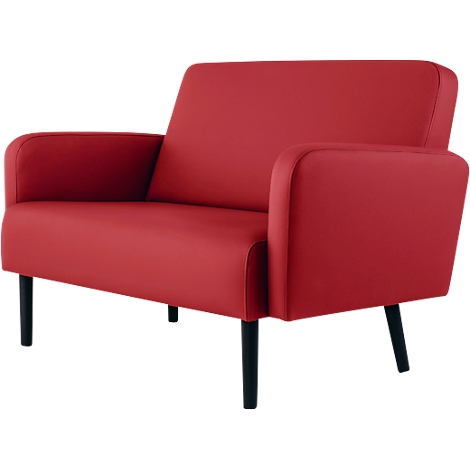 Rode tweezitsbank met zwarte poten. Modern design, strakke lijnen.