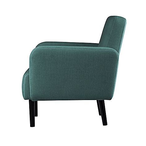 Zijaanzicht van een groene fauteuil met zwarte poten.